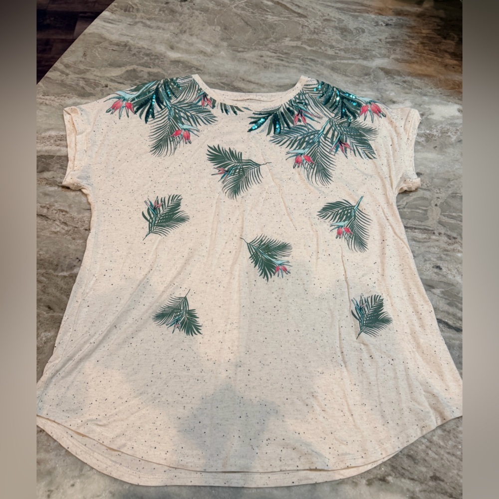 Apt 9 Palm Leaf Print Top Women’s Medium Cream Tropical Short Sleeve